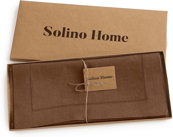 Solino Home Linen Brown Table Runner 60 Inches - Classic Hemstitch, 100% Pure Linen Coffee Table Runner 14 x 60 Inch Ideal for Dresser Tables, Fall, Autumn, Thanksgiving