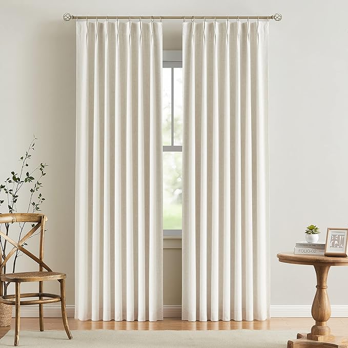 Vision Home Natural Pinch Pleated Full Blackout Curtains Linen Blended Room Darkening Window Curtains 63 inch for Living Room Bedroom Thermal Insulated Pinch Pleat Drapes with Hooks 2 Panel 40"Wx63"L