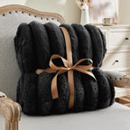 BEDELITE Faux Fur Throw Blanket for Couch, Soft and Cozy Luxurious 3D Striped Fluffy Blanket, 770GSM Thick Warm Plush Fuzzy Faux Rabbit Fur Blanket for Women Gift (Black, 50"x 60")