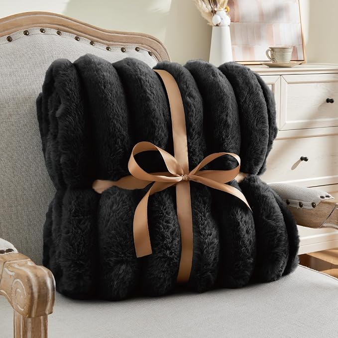 BEDELITE Faux Fur Throw Blanket for Couch, Soft and Cozy Luxurious 3D Striped Fluffy Blanket, 770GSM Thick Warm Plush Fuzzy Faux Rabbit Fur Blanket for Women Gift (Black, 50"x 60")