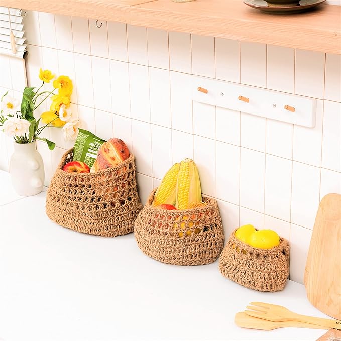 Hanging Fruit Basket, 3 Tier Woven Jute Wall Hanging Basket for Organizing, Hanging Produce Basket for Fruit & Vegetable Storage, Boho Kitchen Decor, Wall Basket Storage for Kitchen, Bedroom, Bathroom