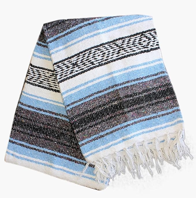 Del Mex Classic Mexican Blanket, Large Authentic Woven Falsa Throw (70"x50"), Artisan Southwest Décor for Beach, Yoga, Outdoors (Light Blue)