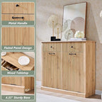 Modern Double Tilt-Out Trash Cabinet, 20 Gallon Fluted Laundry Hamper Cabinet with 2 Drawers, Wooden Hidden Garbage Can Cabinet with Storage Basket for Kitchen & Living Room, Natural Oak