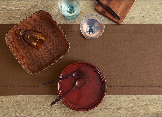 Solino Home Linen Brown Table Runner 120 Inches Long - 100% Pure Linen Hemstitch 14 x 120 Inch Table Runner for Dining, Fall, Autumn, Thanksgiving - Classic Hemstitch