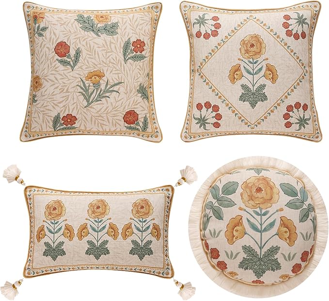 patdrea Designer Pack of 4 Throw Pillow Covers,Beige Vintage French Soft Linen Pillows Cover with Daisy Floral Pattern,Vintage Square Farmhouse Decorative Pillowcase for Couch,Bed,Living Room