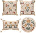 patdrea Designer Pack of 4 Throw Pillow Covers,Beige Vintage French Soft Linen Pillows Cover with Daisy Floral Pattern,Vintage Square Farmhouse Decorative Pillowcase for Couch,Bed,Living Room