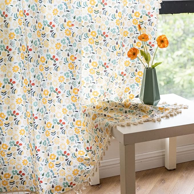 Sutuo Home Boho Curtain Semi-Blackout Colorful Florals Print Cotton Linen Fabric, Handmade Tassels Rod Pocket Bohemian Farmhouse Country Window Drapes for Living Bedroom, 59" W x 84" L, 1 Panel