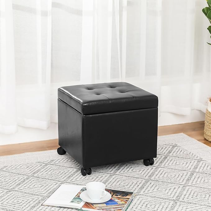 Adeco 17.7" Leather Ottoman with Wheels, Black Square Rolling Ottoman with Storage, Upholstered Button Tufted Vanity Stool with Hinged Lid for Living Room, Bedroom, Dorm