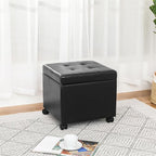 Adeco 17.7" Leather Ottoman with Wheels, Black Square Rolling Ottoman with Storage, Upholstered Button Tufted Vanity Stool with Hinged Lid for Living Room, Bedroom, Dorm