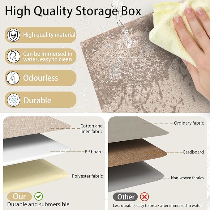 Yawinhe Collapsible Storage Box, Cube Storage Basket, Fabric Foldable Storage Bins Organizer Containers with Dual Leather Handles for Home Bedroom Closet Office,15.0 x 9.8 x 8.3 Inch, (Beige, 4-Pack)