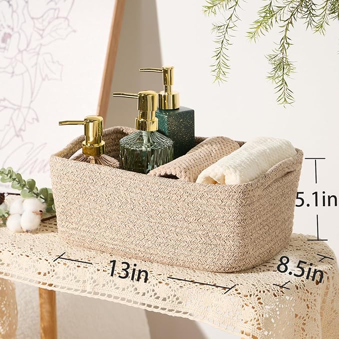 Small Storage Baskets for Organizing | Closet Organizer Bins | Shelf Toy Basket | Woven Rope Baskets | Cube Decorative Box | Shallow Basket | 13x8.5x5.1” | 4 Packs Mixed Brown