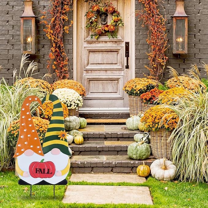 YEAHOME Outdoor Fall Decor, 2 Gnomes Decorative Garden Stake with Pumpkin for Fall Decorations, Autumn Metal Yard Signs for Home Outside Garden Porch Lawn, Thanksgiving Decorations Outdoor (YHMD-478)
