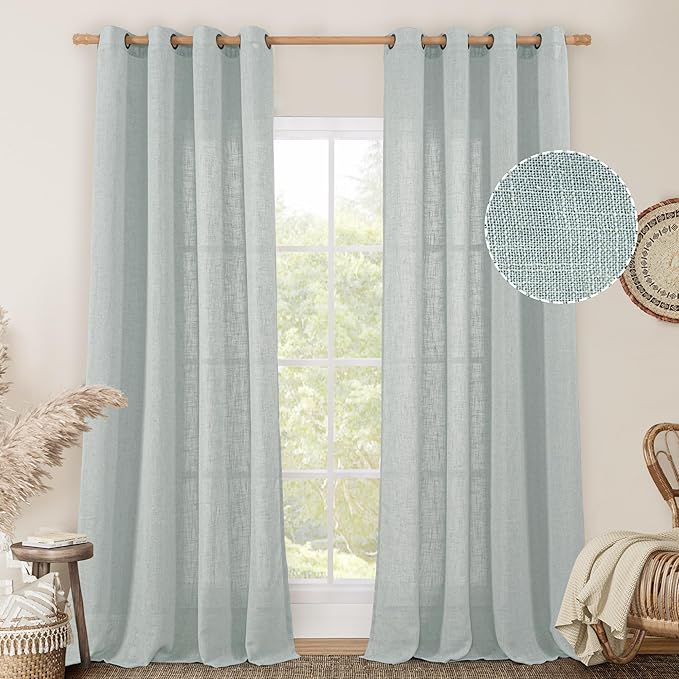 LAMIT Living Room Linen Curtains 95 Inch for Bedroom, Bronze Grommet Linen Textured Sheer Curtains Light Filtering Burlap Drapes for Farmhouse, 2 Panels, 52 x 95 Inch, Greyish Blue