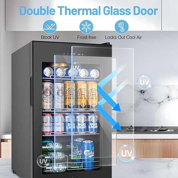 Beverage Refrigerator Cooler, 17 Inch 120 Cans Freestanding Mini Fridge with Glass Door, Adjustable Shelves and LED Light, Small Drink Fridge Counter-top Beer Fridge for Bedroom Office Bar