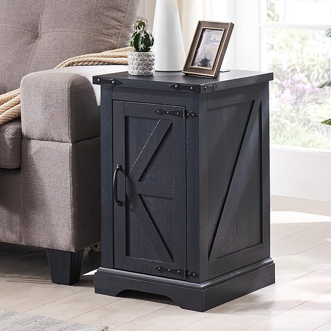 JXQTLINGMU Nightstand with Charging Station, Rectangular Farmhouse End Table with Barn Door and Adjustable Storage Shelf, 17" Deep Wood Rustic Sofa Side Table for Living Room, Bedroom, Black
