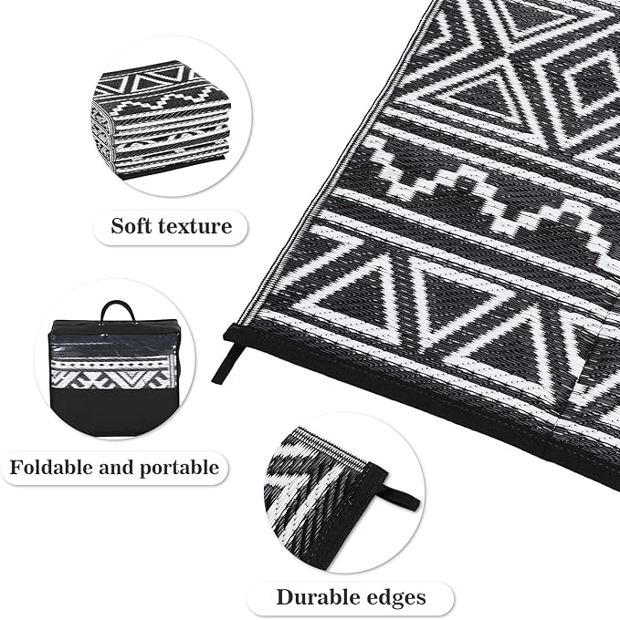 GAOMON Outdoor Plastic Straw Rug, 10'x14' Reversible Sage Green Patio Mat, Flower Modern Design for RV, Backyard, Deck, Camping, Picnic, Black/White(Bohemia)