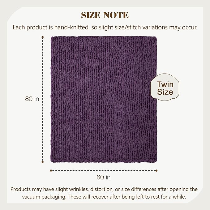 Carriediosa Chunky Knit Throw Blanket 60" X 80" Twin, 100% Hand Made Large Chenille Loop Yarn Soft Fluffy Throws for Couch Sofa Bed, Big Crochet Cozy Heavy Thick Cable Woven Blanket, Dark Purple