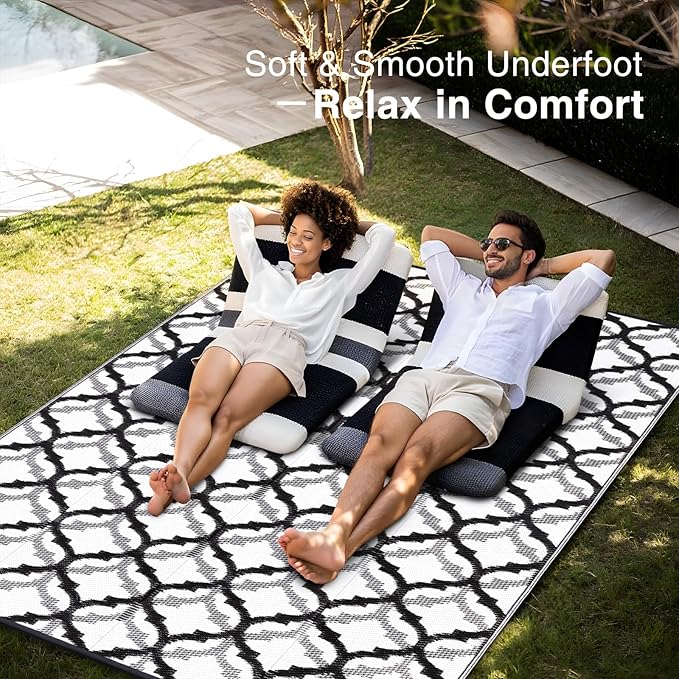 OLANLY Reversible Outdoor Rug 6x9 ft Clearance, Waterproof Outdoor Plastic Straw Rug with Interlacing Pattern, RV Mat for Patio, Camping, Balcony, Deck, Backyard, Black & White