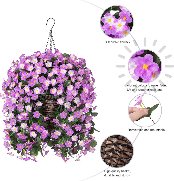 Artificial Fake Hanging Flowers with Basket for Outdoor Decoration,UV Resistant Faux Silk Light Fuchsia and Fuchsia Orchid Flowers Vines in Planter Realistic Hanging Baskets for Home Porch Garden