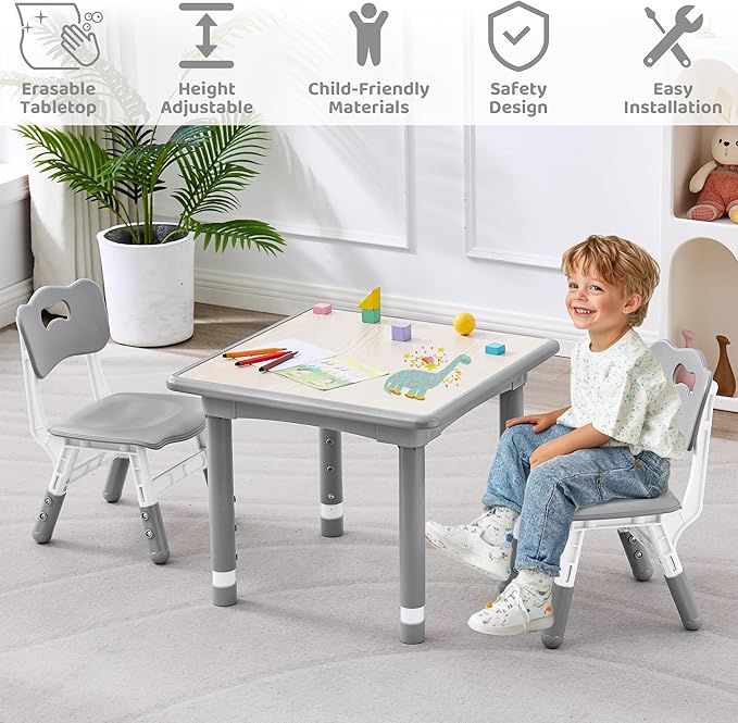 Kids Table and 2 Chairs Set, Height Adjustable (17.7"-26.1") Toddler Table and Chair Set, Multi-Activity Table with Graffiti Desktop, Children’s Table and Chairs for Classroom, Home & Daycare