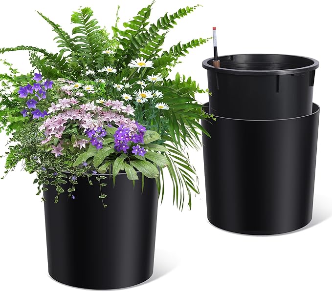 Tall Round Planter Set of 2, 19.5‘’ H x 19.9" Dia Large Planters for Indoor Plants with Built-in Drainage and a Water Level Monitor and Wheels for Patio, Porch, Living Room, or Home Office, Black
