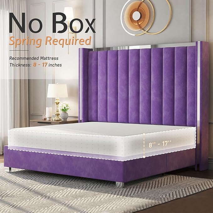 Jocisland Queen Bed Frame with 58" Tall Headboard, Velvet Upholstered Platform Bed with Channel Tufted Wingback Headboard and Plating Trim, No Box Spring Needed, Purple