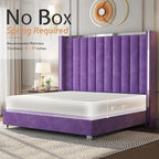 Jocisland Queen Bed Frame with 58" Tall Headboard, Velvet Upholstered Platform Bed with Channel Tufted Wingback Headboard and Plating Trim, No Box Spring Needed, Purple