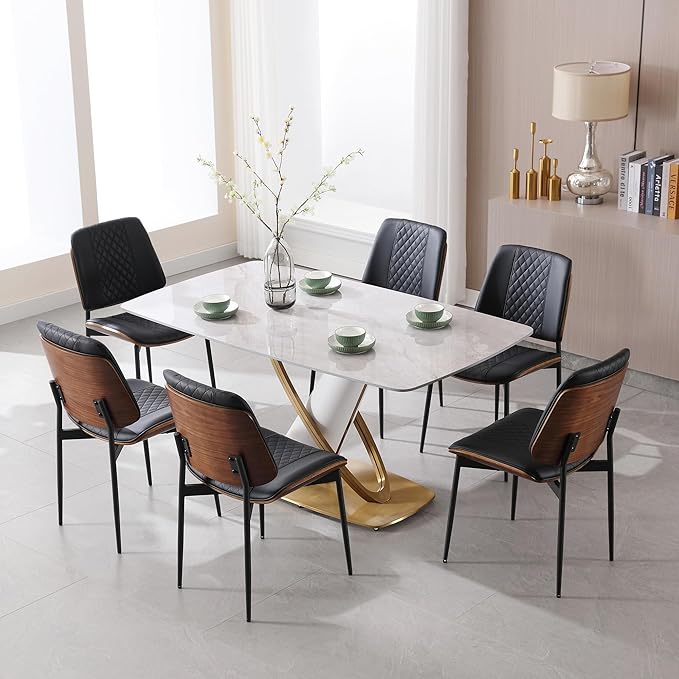 BV Dining Chairs Set of 2, PU Leather Armless Kitchen Chair in Modern Walnut Style, Mid Century Bentwood Side Chair with Metal Legs, Retro Accent Guest Chair for Kitchen Dining Room(Black)