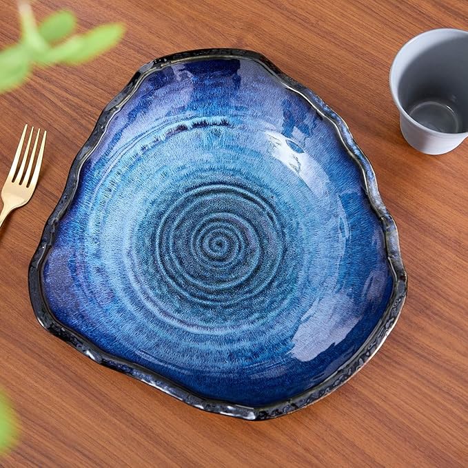 Ceramic Decorative Dish, Large Blue Pottery Decorative Bowl, Porcelain Centerpiece Tray, Key Bowl, Gift Decor Tray for Tabletop Entryway Table Living Room Dining(12'' Dish)