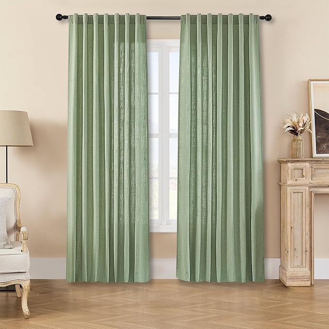 Joydeco Linen Curtains for Living Room,Light Filtering Rod Pocket Back Tab Semi Sheer Drapes Window Long Curtains 90 inches Long Sage Green