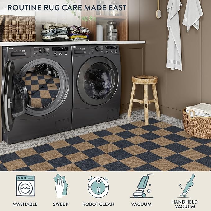 Lahome Checkered Easy Jute Living Room Rugs, 5x7 Dining Room Office Rug Farmhouse Outdoor Patio Carpet, Checkerboard Washable Non Slip Indoor Outdoor Blue Carpet for Backyard Entry Deck