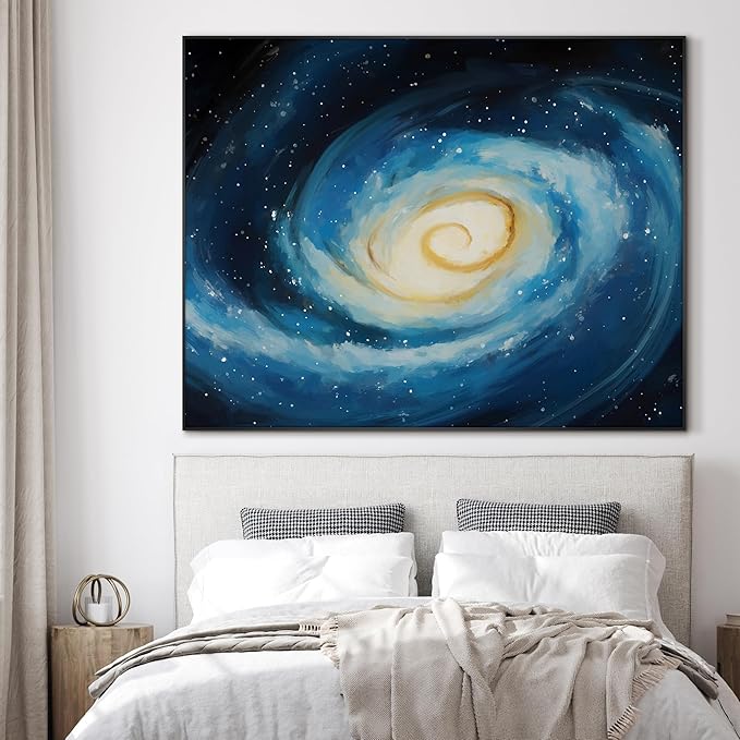 SIGNWIN 46"x60" Extra Large Framed Wall Art Spiral Galaxy Vivid Blue and Yellow Cosmic Space Illustration for Home Living Room Bedroom Decor (Frame Assembly Required)