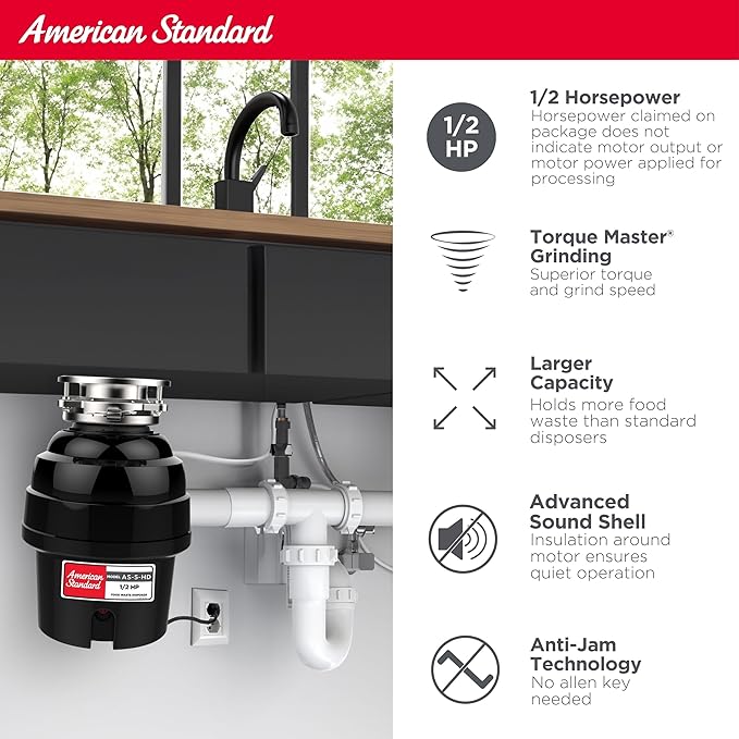 American Standard 10-US-AS-5-HD Garbage Disposal Anti-Jam Stainless Steel Food Waste Grinding System, Heavy Duty, 1/2 HP, Black