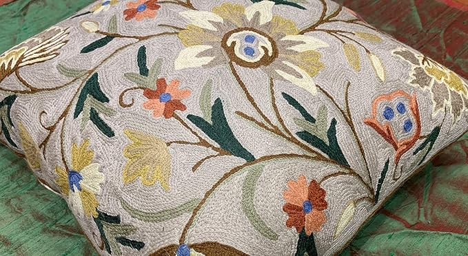 Beige Floral Pillow Cover Taupe Flower Traditional Hand Embroidered Pillowcase Traditional Outdoor Cushion Suzani Couch Flowery Needlepoint Chair Cushion Wool Size - 18x18