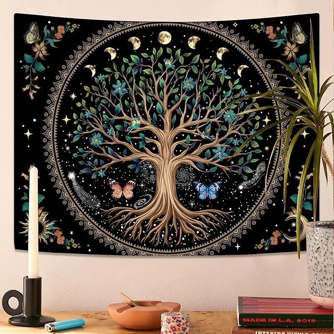 Lunerfex Tree of Life Tapastry Sun and Moon Tapastry Flower Boho Tree Mandala Wall Hanging for Bedroom and Living Room Decor Green Tree 36×48 Inches