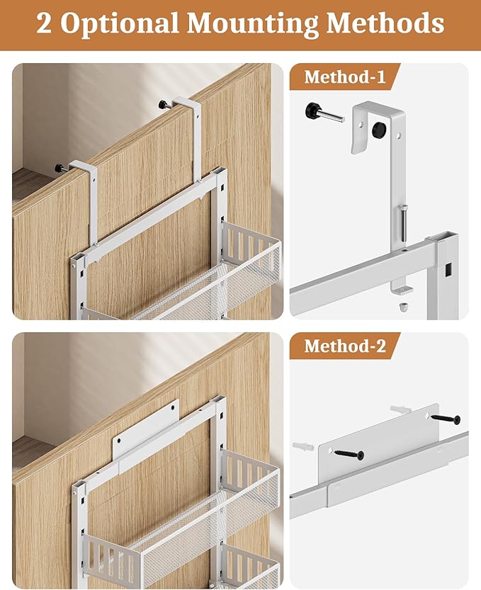 Over the Door Pantry Organizer 8-Tier, Large Metal Door Spice Rack with Adjustable Basket, 2 in 1 Wall Mount or Hanging Heavy-Duty Pantry Door Storage Shelf for Kitchen and Bathroom, White