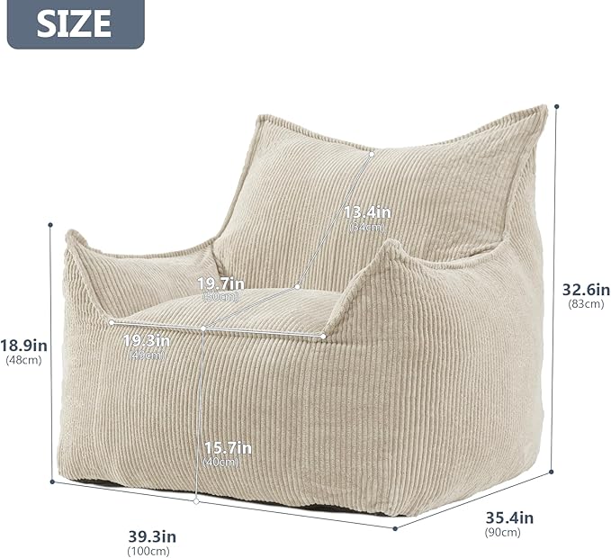Giant Bean Bag Chair Sofa for Adults Teens, Comfy Corduroy Large Bean Bag Chairs with Armrests for Bedroom Living Room, Adult BeanBag Lazy Sofa Couch Chairs with Filler Included