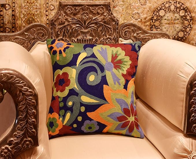 Blue Floral Pillow Cover | Navy Flower Throw Pillow | Outdoor Suzani Cushions | Hand Embroidered Chair Cushion | Wool Size - 18x18