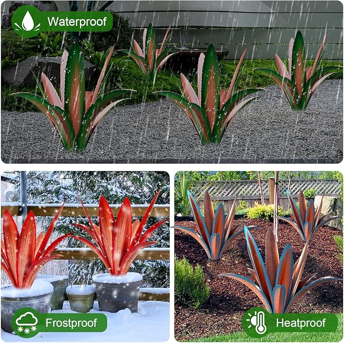 TOMBABY Enlarge Thickened Wind Resistant Metal Agave Garden Art Metal Plant Country Garden Sculpture Statue Outdoor Decoration Agave Metal Plant Courtyard Garden Lawn Ornament Gift (2, 12 Leaves red)