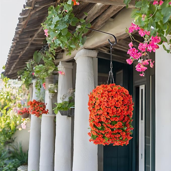 Artificial Fake Hanging Flowers Plants Baskets for Outdoor Fall Decoration, Faux Silk Orange Morning Glory in Planter UV Resistant Look Real for Home Porch Patio Balcony Yard Decor