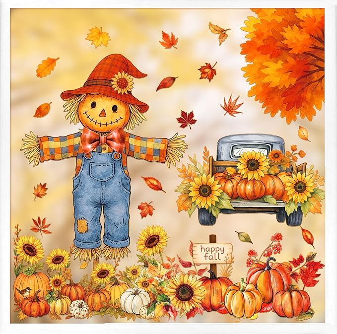 Fall Window Clings - 9 Sheets 116 Pcs Fall Decorations for Autumn Thanksgiving Harvest Home Party, Pumpkin Leaves Truck Maple Sunflowers Stickers for Glass, Double-Sided Static Window Decals