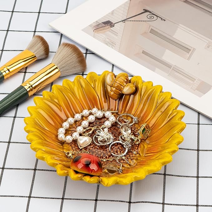 Sunflower Jewelry Dish Trinket Tray Ceramic Key Tray Bowl for Entryway Table, Sunflower Candy Dish Soap Holder Gift Decorative Bowl for Home Decor Kitchen Bathroom Sink (Bee, Ladybug)