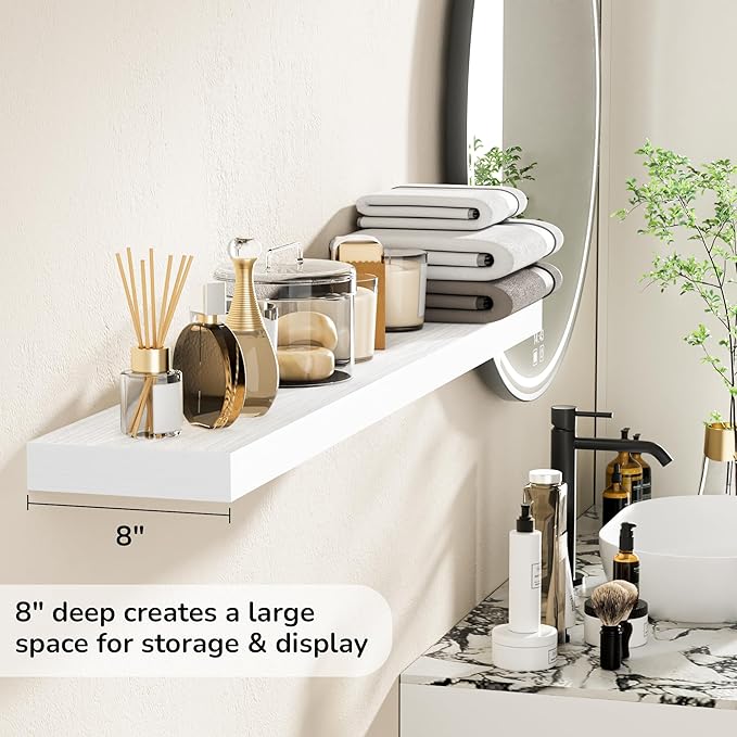 Fun Memories 48 Inch Floating Shelves - Fireplace Mantel Shelf - Deep Wall Mounted Wood Storage Shelf for Bedroom, Kitchen, Farmhouse - 1 Pack, Rustic White