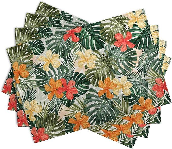 Tropical Palm Leaves Table Mats Set of 4 Summer Watercolor Hibiscus Flower Leaf Placement Mats for Dining Table Washable Non-Slip Heat Resistant Linen Place Mat 12×18 Inch