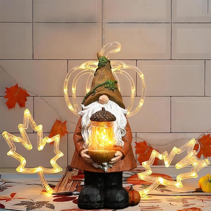 Topadorn Fall Garden Gnome Statue Light, Autumn Harvest Gnome Figurine with Pine Cone on Hand for Fall Harvest Party Thanks, Autumn Thanksgving Gifts for Famliy