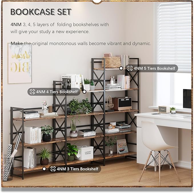 4NM 5 Tiers No Assembly Book Shelves, 51.2" H Folding Bookshelf Bookcase Open Industrial Foldable Shelves for Bedroom, Living Room, Home Office - Rustic Brown Black