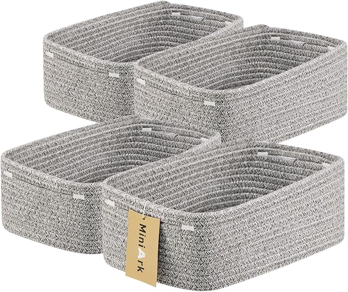 Small Storage Baskets for Organizing | Closet Organizer Bins | Shelf Toy Basket | Woven Rope Baskets | Cube Decorative Box | Shallow Basket | 13x8.5x5.1” | 4 Packs Mixed Grey