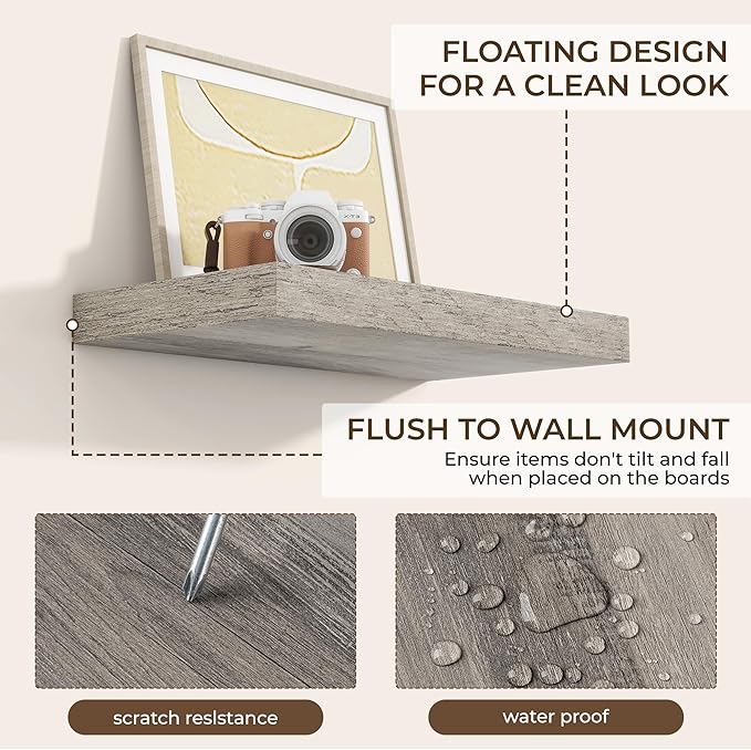 RICHFOCUS 16Inch Floating Shelves for Wall 2 Pack Shelves for Bedroom|Kitchen|Bathroom Wall Mounted Rustic Wood Floating Shelf with Invisible Brackets for Books|Storage|Decor, Grey