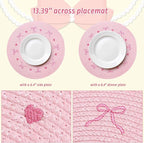 Whaline 4Pcs Round Placemats Pink Bow Embroidered Place Mats Coquette Bow Dinner Table Mats for Home Wedding Baby Shower Birthday Party Decor