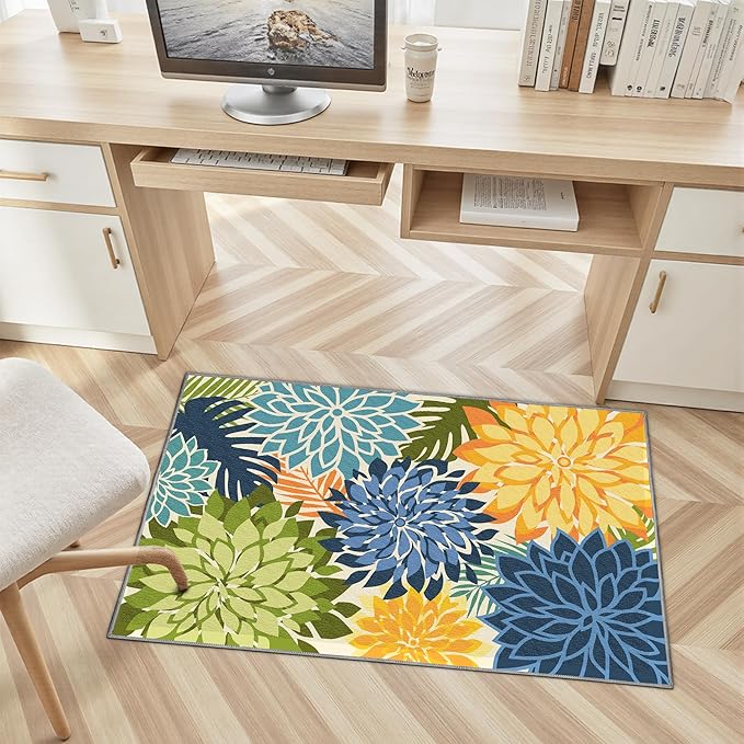 Area Rug 2x3 Yellow Green Washable Entry Small Rug Multicolored Tropical Botanical Modern Floral Indoor Kitchen Door Mat Entrance Carpet Non Slip for Bedroom Living Room, Porch